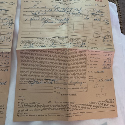 1951 Vintage, lot of 5 Firestone Store Receipts/Invoices From Flint, Mich. - Picture 3 of 6