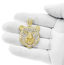 Tiger Head Pendant  Real 10K Yellow Gold CZ Charm Mens 1.7 Inch