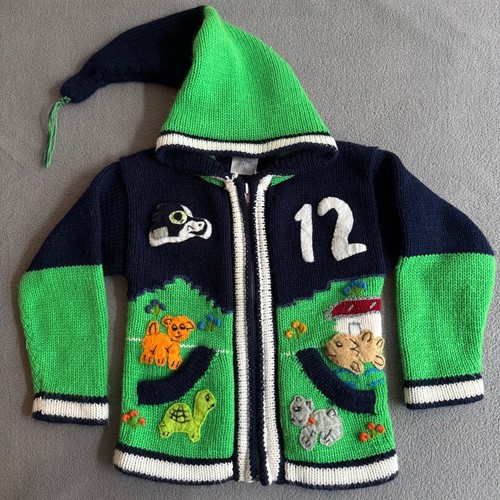 Handmade in Peru Alpaca Sweater Hoodie Kids 4 Seattle Seahawks 12 Full Zip Blue
