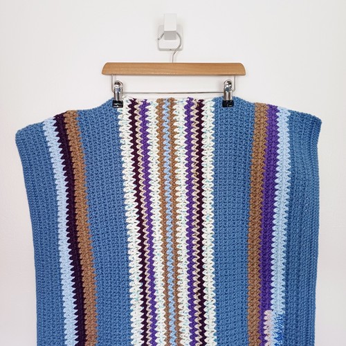Handmade Crochet Granny Blanket Throw Knitted Blue Striped Pattern Cottagecore - Picture 2 of 12