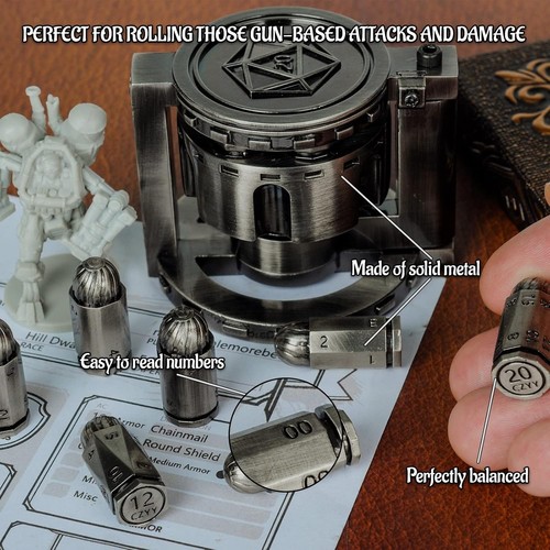 CZYY Metal Polyhedral Bullet Dice Set of 7 with Spinning Revolver Silver - Picture 3 of 8