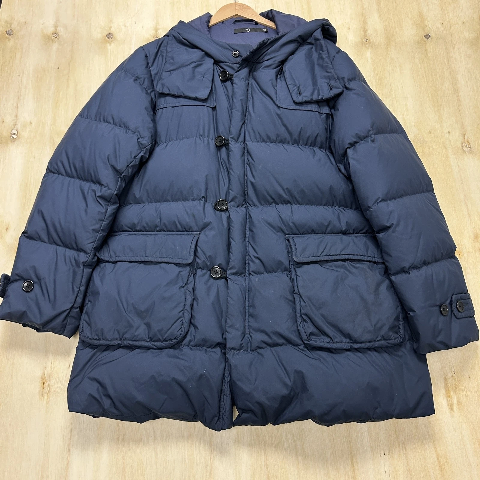 +J Coat Mens XL Blue Hooded Down Puffer Parka Button Insulated Warm Casual