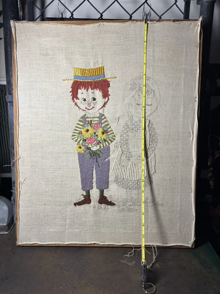 Handmade Needlepoint Artwork Wood Framed “Boy With Flowers For Girl” - Image 3 of 4