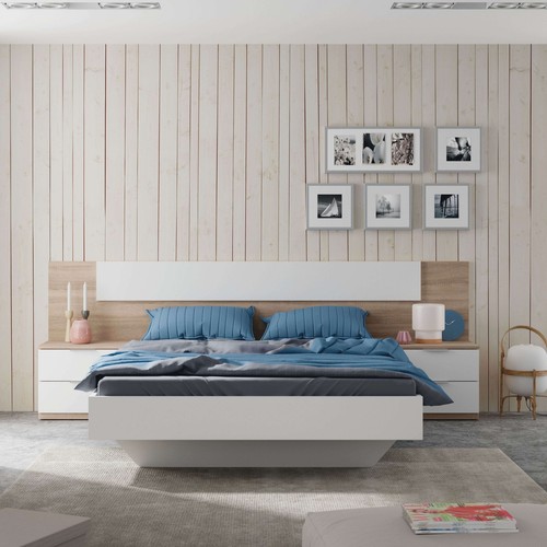 Cabecero Dormitorio Matrimonio con 2 mesitas Blanco y Roble con mesillas incluíd - Imagen 7 de 9