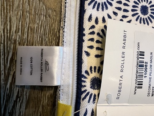 NWT Roberta Roller Rabbit Pillow Cover 22x22 100% Cotton White Blue Print - Picture 5 of 9