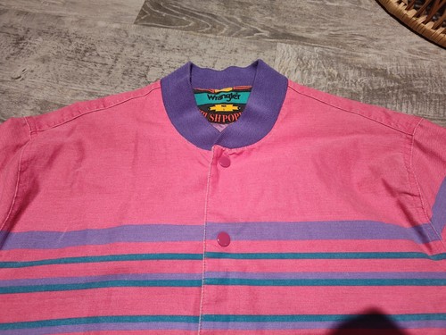 Vintage Wrangler Bushpopper Jacket Snap Button Size L Colorful Pink Blue Purple - Picture 8 of 23