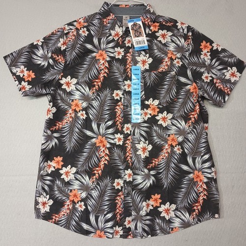 Hurley Shirt Size Large Black Hawaiian Floral Button Up Short Sleeve Stretch NWT - Picture 2 of 7