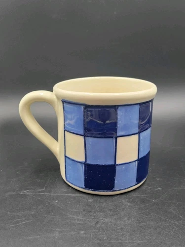 Hartstone Pottery Blue White Checkerboard 12oz Coffee Tea Mug Vintage