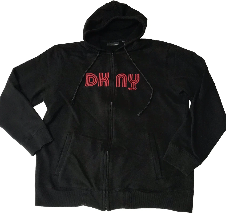Y2K DKNY Jeans Sudadera con Capucha Para Hombres Grande Cremallera Completa Negro Rojo Sudadera Grunge Ropa de Calle Foto 4 de 4
