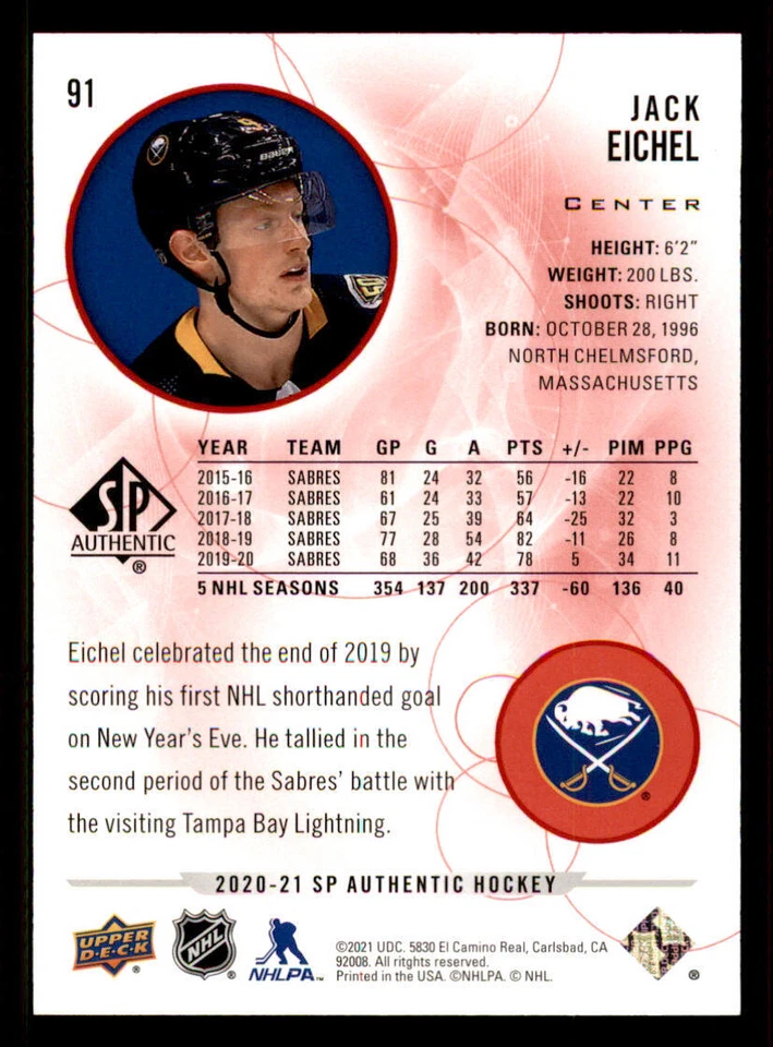 2020-21 SP Authentic Limited Red #91 Jack Eichel - Image 2 of 2