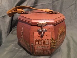 Details about Vintage Octagon Wood Box Purse Decoupage Town Stores Scene