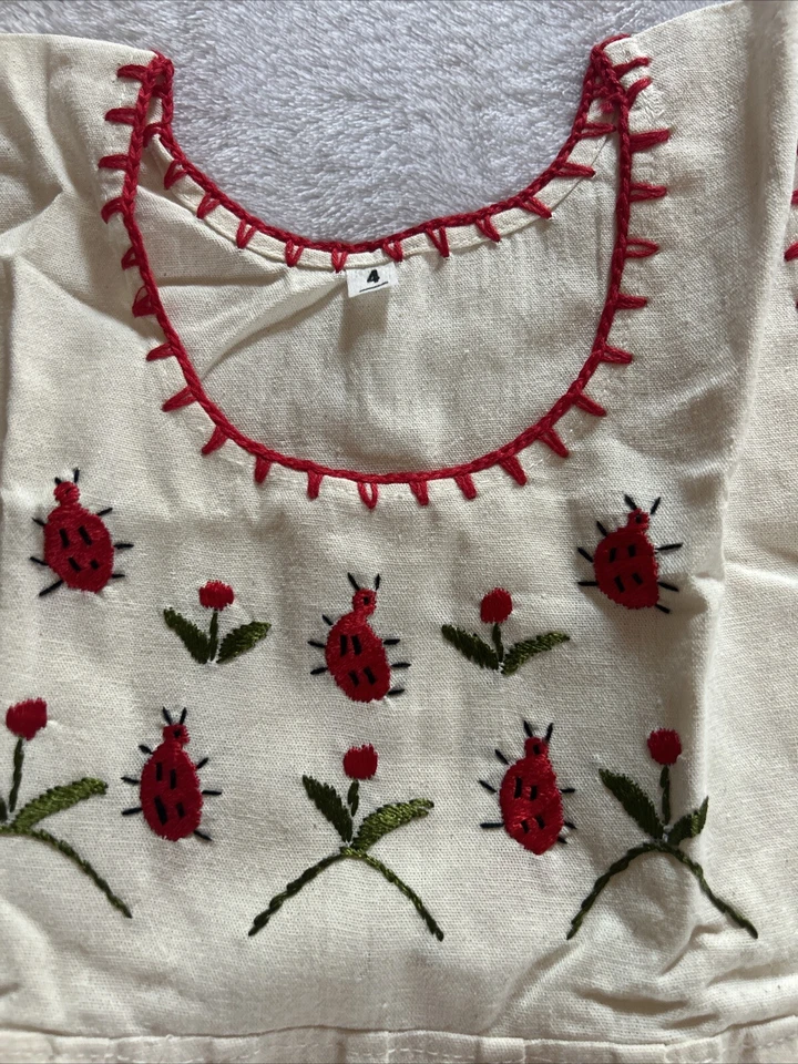 Vestido Manta Tradicional Mexicano Niñas Ladybug Tema Hecho a Mano Talla 4 Foto 3 de 4