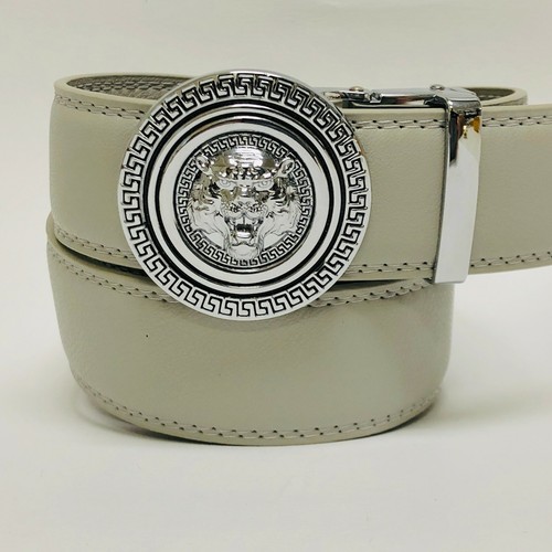 Men's Designer Leather Silver Lion Head Sliding Ratchet Buckle Tan Color Belt - Picture 26 of 33