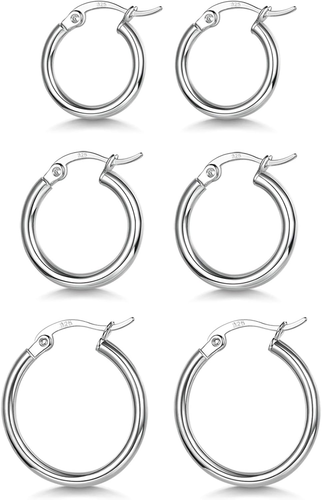 3 Pairs 925 Sterling Silver Hoop Earrings | Small White Gold Plated Hoop Earring - Picture 8 of 12