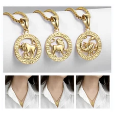 Gold Plated Horoscope Zodiac Pendant Charm Necklace Stainless Steel Chain 22inch