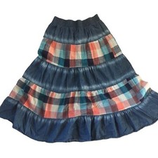 Faded Denim  Plaid Tiered Prairie Cottagecore Peasant Skirt Sz. M Midi Length