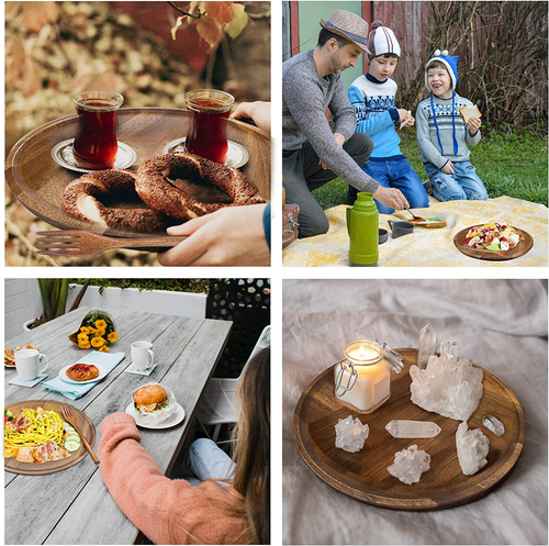 Wooden Plates, Wood Dinner Plates with Forks, Reusable Handmade Natural Wood Fla - Picture 4 of 6