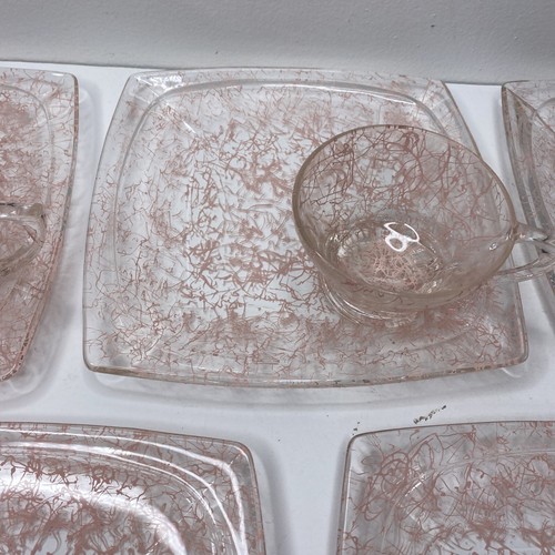 Vintage MCM Pink Spaghetti String Glass Plates Lunch Set 5 Tea Atomic - Picture 5 of 8