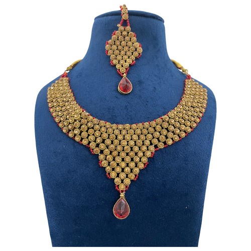 Collar de oro antiguo tradicional indio con pendientes y mang tika para mujer - Imagen 2 de 5