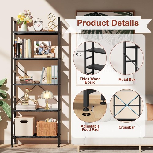 Industrial 5 Tier Bookshelf Bookcase Wide Display Storage Shelves Corner Shelf - Picture 13 of 14