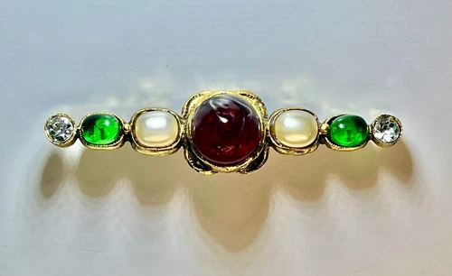 Vintage CHANEL 1985 Gripoix Poured Glass Faux Pearl 3" Gold Tone Brooch