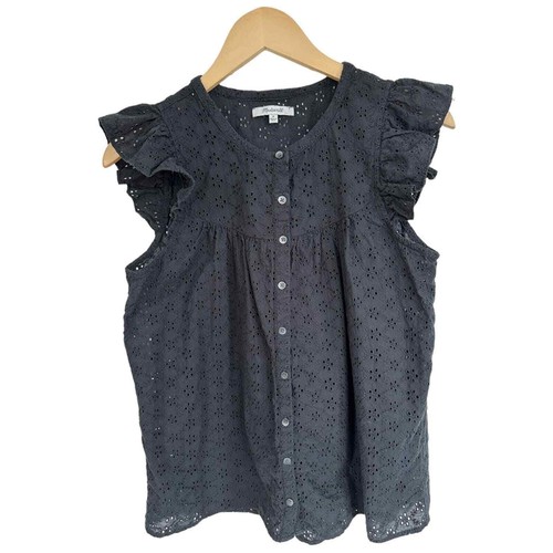Madewell Eyelet Ruffle Sleeve Bib Top Black  Button Down Cap Sleeve Size Medium - Picture 8 of 12