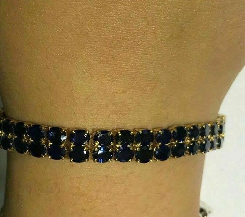 15Ct 2Rows Lab Created Sapphire Women's Tennis Bracelet 14K Yellow Gold Finish - Picture 3 of 5