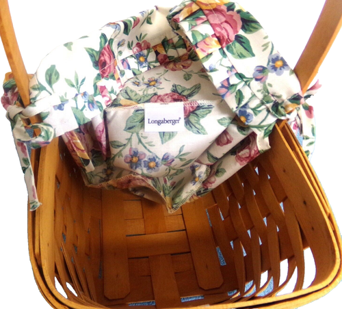 NOS VINTAGE 2000 LONGABERGER BASKET WITH HANDLE AND CLOTH FLOWER LINER - Imagen 8 de 8