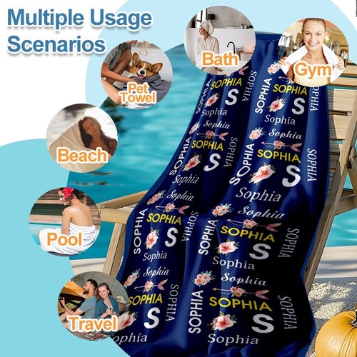 Personalized Name Floral Arrow Large Beach Towel Oversize Soft Microfiber Towels - Picture 47 of 71