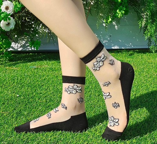 Women Lady Transparent Thin Roses Flowers Lace Crystal Silk Summer Short Socks - Picture 11 of 44