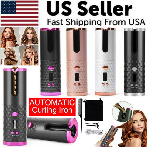 Hair Curler LCD Cordless Auto Rotating Waver Curling Iron Ceramic Wireless USA - Afbeelding 1 van 16