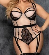 MAPALE Peek-a-Boo Double Dare Cut-Outs Teddy w Garter Straps Beige & Black 1X-2X