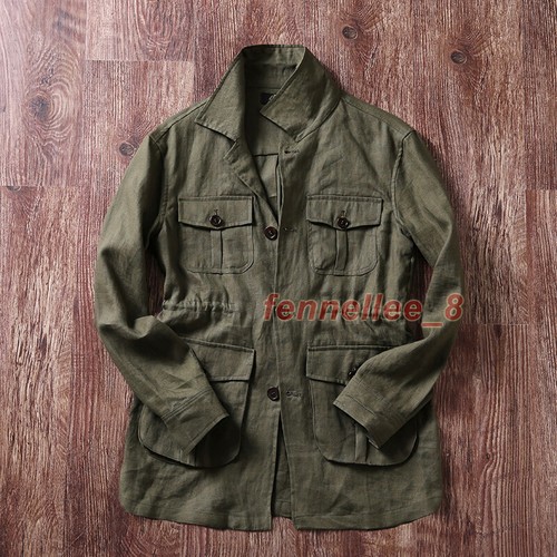 100% Flax Mens Pockets Safari Jacket Breathable Hunting Coat Thin Casual Outwear - Picture 14 of 26