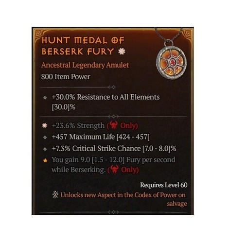 Diablo 4 S8 Hunt Medal Of Berserk Fury 1GA Str Legendary Amulet Equip Gear Item - Picture 3 of 4