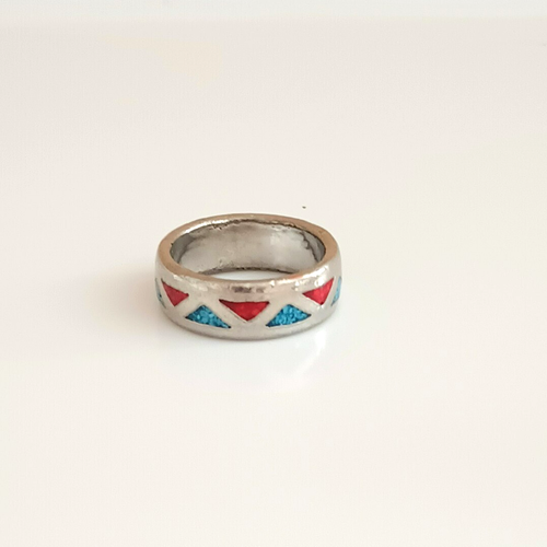 Crushed Turquoise & Coral Inlaid Ring 6.25 Silver Tone Eternity Band - Picture 5 of 8