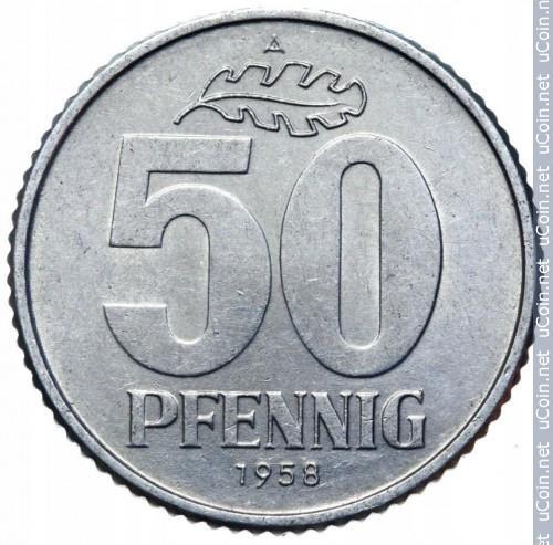 German Democratic Republic 50 Pfennig Coin | Oak Leave | KM12.1 | 1958 - Picture 3 of 4