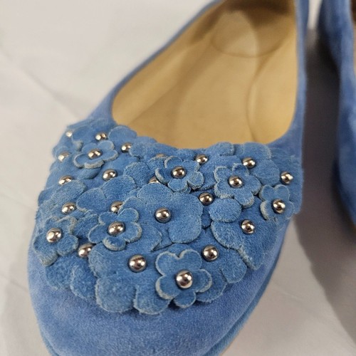 Stuart Weitzman Sz 9.5 Floral Blue Suede Ballet Flats Minimal Low Heel - Picture 4 of 6