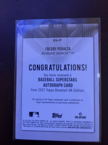 2022 Topps UK Edition Freddy Peralta BSA-FP Superstars Auto | Milwaukee Brewers - Picture 2 of 2