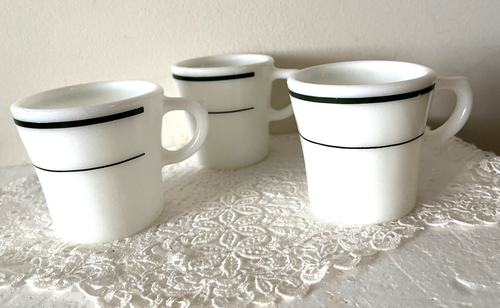Vintage diner ware pyrex mugs, milk glass green stripe, 3 pieces - Picture 4 of 4