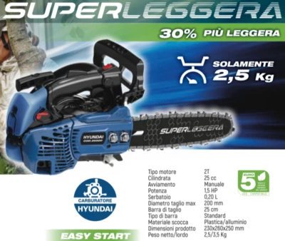 HYUNDAI Motosega moto sega da potatura con motore a scoppio 2T super leggera barra 25cm