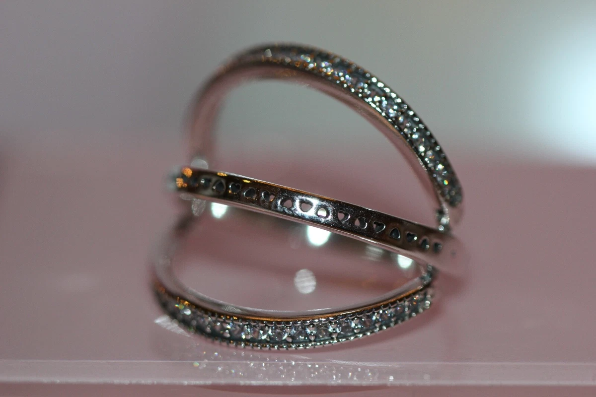 NIB PANDORA FLIPPING HEARTS OF PANDORA RING 197404CZ pouch 100 BAGTAG STER SIL