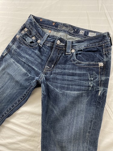 Miss Me Womens Sz 28 Boot Cut Jeans Fleur De Lis JP5748BV Distressed Med Wash - Picture 8 of 11