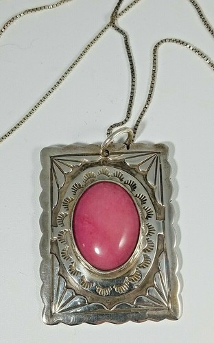 Sterling and Cabochon Rhodochrosite Southwestern Bezel Set Pendant Signed JHJ - Picture 7 of 11