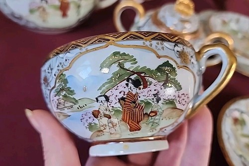 Set da tè vintage giapponese in porcellana dipinta a mano 17 pezzi marcato e firmato splendido! - Foto 5 di 22