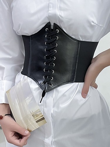 Women's Wide PU Leather Corset Belt Slimming High Waist Elastic Cummerbund Punk - Picture 12 of 14