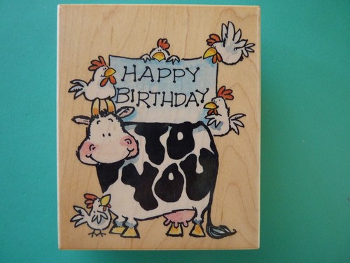 Whimsical Cartoon Cow & Chickens with Birthday Message PENNY BLACK Rubber Stamp