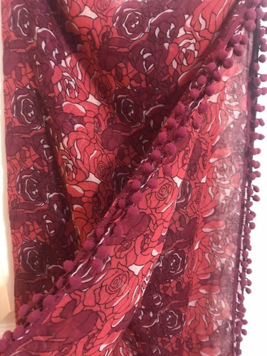 Nicole Marciano Woman's Red Roses Print w/ Pom Pom Trim Long Infinity Scarf EUC - Picture 2 of 5