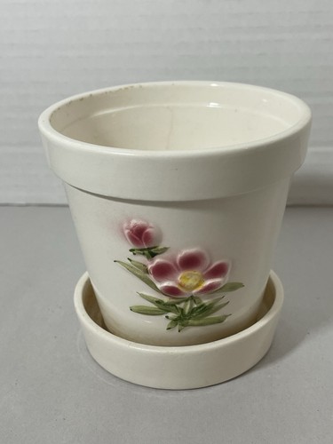 VTG Handpainted 3-D Two Sided Pink Morning Glory Flower Pot Attack Under Plate - Picture 13 of 24