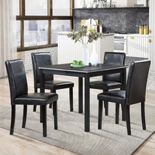 5 Piece Dining Table Set Wood Square Dining Table  4 PU Upholstered Chair Black