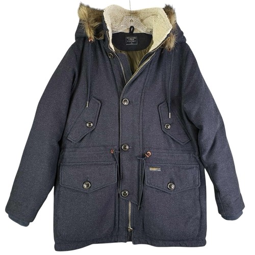 Abercrombie & Fitch Jacket Parka Wool Mens Medium Blue Duck Down Fur Hood Vtg - Picture 5 of 14